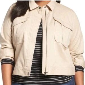 Sejour Oxford Utility Jacket Woman Plus 16 Twill Khaki Full Zip Flap Pockets Nwt